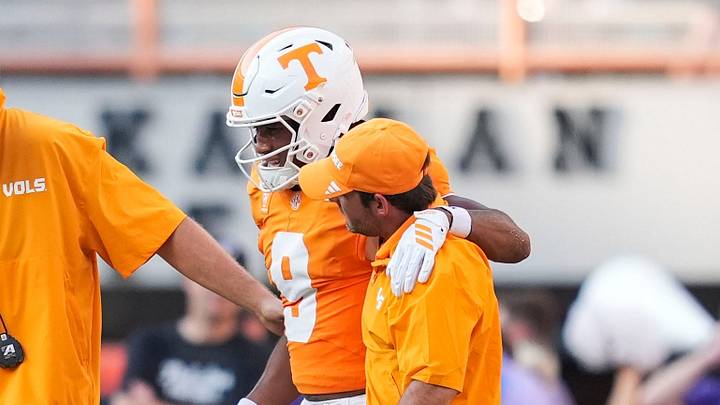 Tennessee wide receiver Joakim Dodson (9) is helped off the field during a Tennessee football game against Furman at Neyland Stadium in Knoxville, Tenn., on Sept. 5, 2026. Tennessee wide receiver Joakim Dodson (9) is helped off the field during a Tennessee football game against Furman at Neyland Stadium in Knoxville, Tenn., on Sept. 5, 2026.