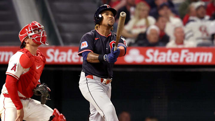 Apr 4, 2025; Anaheim, California, USA;  Cleveland Guardians third baseman Jose Ramirez (11) watches his home run during the fifth inning against the Los Angeles Angels at Angel Stadium. Mandatory Credit: Kiyoshi Mio-Imagn Images