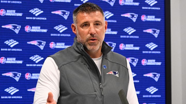 May 9, 2025; Foxborough, MA, USA;  New England Patriots head coach Mike Vrabel speaks the to media during a press conference at Gillette Stadium. Mandatory Credit: Eric Canha-Imagn Images
