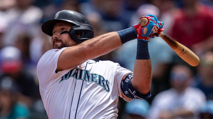 Seattle Mariners designated hitter Cal Raleigh hits a two-run home run.