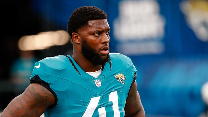Aug 9, 2025; Jacksonville, Florida, USA; Jacksonville Jaguars defensive end Josh Hines-Allen (41) before a preseason game against the Pittsburgh Steelers at EverBank Stadium. Mandatory Credit: Travis Register-Imagn Images
