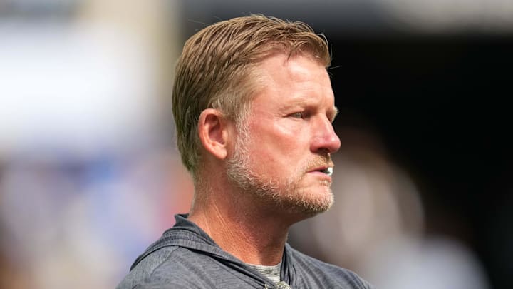 Aug 9, 2025; Inglewood, California, USA; Los Angeles Rams general manager Les Snead watches during the game against the Dallas Cowboys at SoFi Stadium. Mandatory Credit: Kirby Lee-Imagn Images