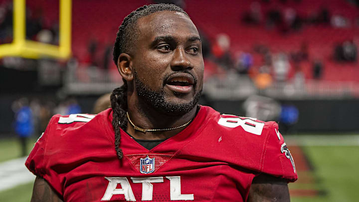 Former Atlanta Falcons running back Cordarrelle Patterson (84) reacts after the Falcons defeated the Chicago Bears at Mercedes-Benz Stadium.