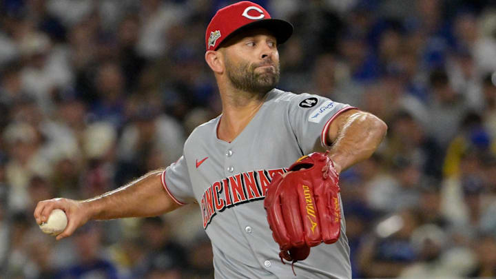 Oct 1, 2025; Los Angeles, California, USA; Cincinnati Reds pitcher Nick Martinez (28) throws a pitch against the Los Angeles Dodgers in the sixth inning during game two of the Wildcard round for the 2025 MLB playoffs at Dodger Stadium.