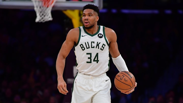 Jan 9, 2026; Los Angeles, California, USA; Milwaukee Bucks forward Giannis Antetokounmpo (34) controls the ball against the Los Angeles Lakers during the first half at Crypto.com Arena. Mandatory Credit: Gary A. Vasquez-Imagn Images Jan 9, 2026; Los Angeles, California, USA; Milwaukee Bucks forward Giannis Antetokounmpo (34) controls the ball against the Los Angeles Lakers during the first half at Crypto.com Arena. Mandatory Credit: Gary A. Vasquez-Imagn Images