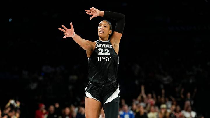 Sep 27, 2026; Las Vegas, Nevada, USA;  Las Vegas Aces center A'ja Wilson (22) celebrates after scoring against the Indiana Fever during the second quarter of game one of the first round for the 2026 WNBA Playoffs at Michelob Ultra Arena.  Mandatory Credit: Lucas Peltier-Imagn Images