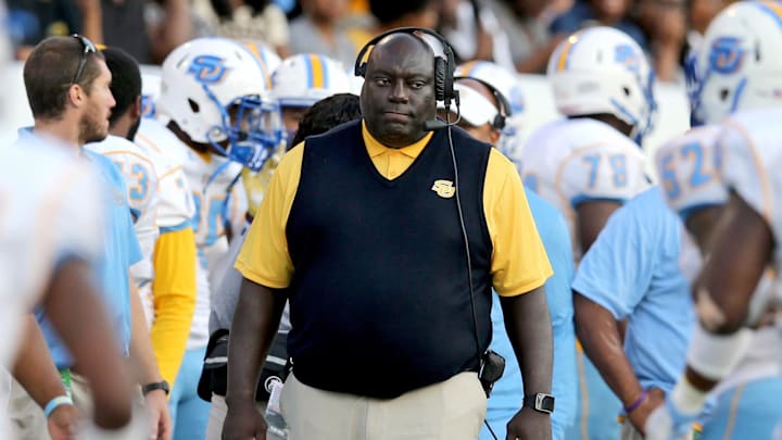 Sep 9, 2017; Hattiesburg, MS, USA; Southern University Jaguars head coach Dawson Odums in the first quarter against the Southern Miss Golden Eagles at M. M. Roberts Stadium. Mandatory Credit: Chuck Cook-Imagn Images