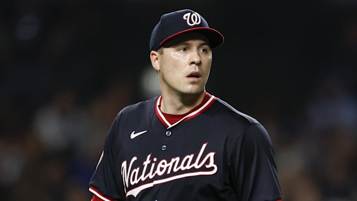 Sep 19, 2024; Chicago, Illinois, USA; Washington Nationals starting pitcher Patrick Corbin (46) leaves a baseball game against the Chicago Cubs during the fifth inning at Wrigley Field