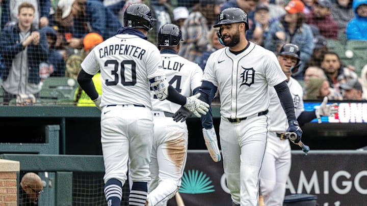 Apr 5, 2025; Detroit, Michigan, USA; Detroit Tigers outfielder Kerry Carpenter (30) celebrates hitting a two run home run with outfielder Riley Greene (31) in the second inning against the Chicago White Sox at Comerica Park.