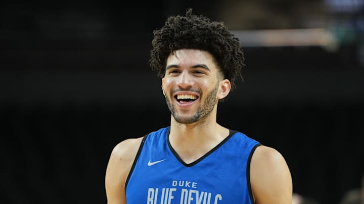 Mar 18, 2026; Greenville, SC, USA; Duke Blue Devils forward Cameron Boozer (12) reacts during a practice session ahead of the first round of the men's 2026 NCAA Tournament at Bon Secours Wellness Arena. Mandatory Credit: Bob Donnan-Imagn Images