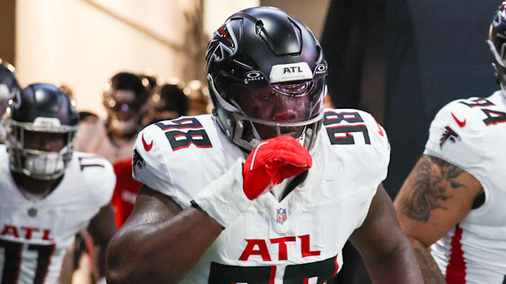 Nov 23, 2025; New Orleans, Louisiana, USA; Atlanta Falcons defensive tackle Ruke Orhorhoro (98) takes the field prior to a game against the New Orleans Saints at Caesars Superdome. 