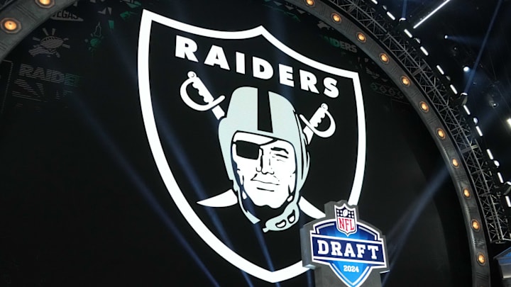 Apr 25, 2024; Detroit, MI, USA; A Las Vegas Raiders logo at the 2024 NFL Draft at Campus Martius Park and Hart Plaza. Mandatory Credit: Kirby Lee-Imagn Images