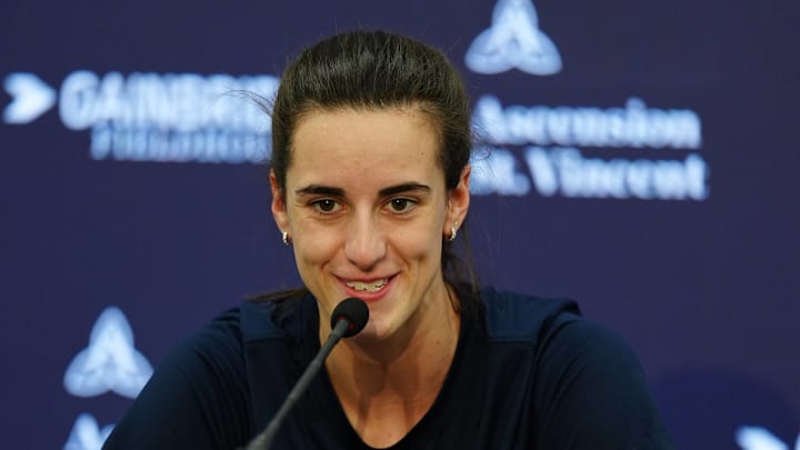 Indiana Fever guard Caitlin Clark (22) speaks 