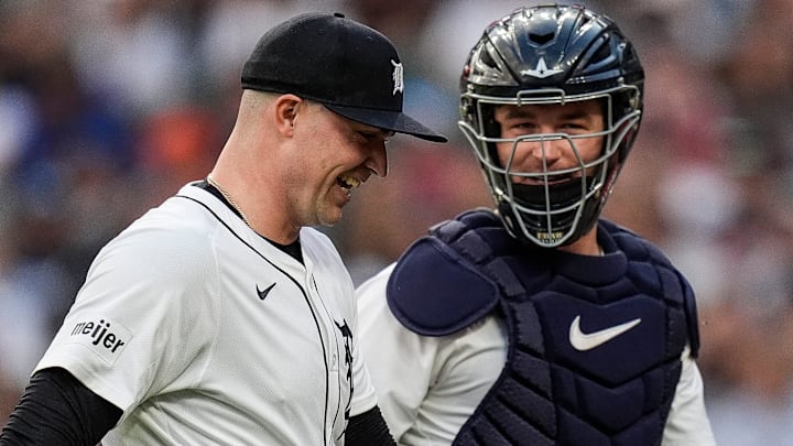 Detroit Tigers pitcher Tarik Skubal (29) talks to catcher Dillon Dingler (13) after pitching the fifth inning against the Boston Red Sox at Comerica Park in Detroit on Wednesday, May 14, 2025.