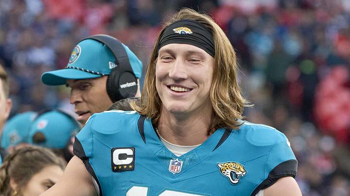 Oct 20, 2024; London, United Kingdom; Jacksonville Jaguars quarterback Trevor Lawrence (16) smiles with teammates in the second half during an NFL International Series game at Wembley Stadium.