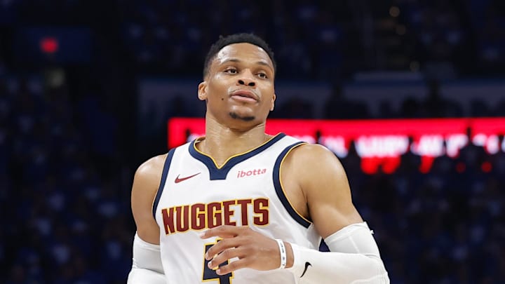 May 18, 2025; Oklahoma City, Oklahoma, USA; Denver Nuggets guard Russell Westbrook (4) runs down the court against the Oklahoma City Thunder in the second quarter during game seven of the second round for the 2025 NBA Playoffs at Paycom Center. Mandatory Credit: Alonzo Adams-Imagn Images