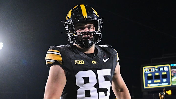Nov 29, 2024; Iowa City, Iowa, USA;  Iowa Hawkeyes tight end Luke Lachey (85) and teammates react after the game against the Nebraska Cornhuskers at Kinnick Stadium. Mandatory Credit: Jeffrey Becker-Imagn Images