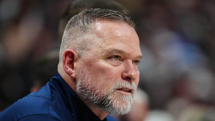 Apr 6, 2025; Denver, Colorado, USA; Denver Nuggets head coach Michael Malone during the second quarter against the Indiana Pacers at Ball Arena. Mandatory Credit: Ron Chenoy-Imagn Images