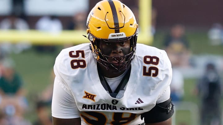 Sep 20, 2025; Waco, Texas, USA; Arizona State Sun Devils offensive lineman Max Iheanachor (58) in action against the Baylor Bears during the first half at McLane Stadium. Mandatory Credit: Chris Jones-Imagn Images Sep 20, 2025; Waco, Texas, USA; Arizona State Sun Devils offensive lineman Max Iheanachor (58) in action against the Baylor Bears during the first half at McLane Stadium. Mandatory Credit: Chris Jones-Imagn Images