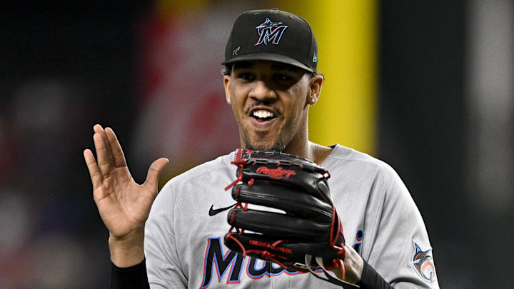 Sep 21, 2025; Arlington, Texas, USA; Miami Marlins starting pitcher Eury Perez (39) claps as he comes off the field during the third inning against the Texas Rangers at Globe Life Field. Mandatory Credit: Jerome Miron-Imagn Images
