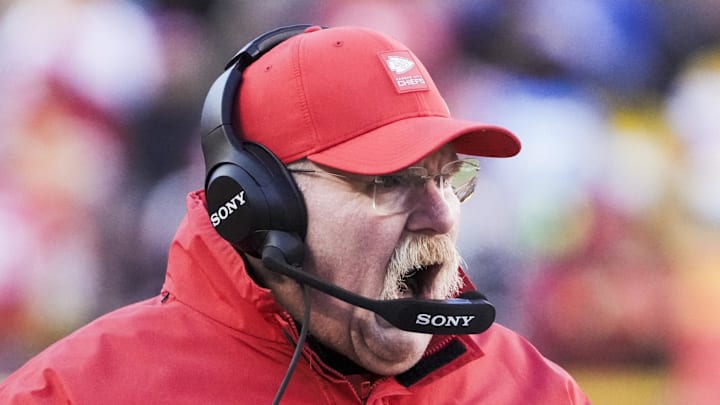 Dec 14, 2025; Kansas City, Missouri, USA; Kansas City Chiefs head coach Andy Reid reacts to a play against the Los Angeles Chargers during the third quarter at GEHA Field at Arrowhead Stadium. Mandatory Credit: Denny Medley-Imagn Images