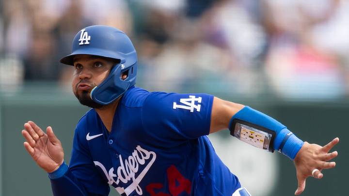 Los Angeles Dodgers catcher Eliezer Alfonzo against the Los Angeles Angels during a spring training game at Camelback Ranch-Glendale on March 1, 2026. Los Angeles Dodgers catcher Eliezer Alfonzo against the Los Angeles Angels during a spring training game at Camelback Ranch-Glendale on March 1, 2026.