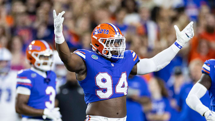 Oct 19, 2024; Gainesville, Florida, USA; Florida Gators defensive end Tyreak Sapp (94) gestures towards the crowd against the Kentucky Wildcats during the first half at Ben Hill Griffin Stadium. Mandatory Credit: Matt Pendleton-Imagn Images