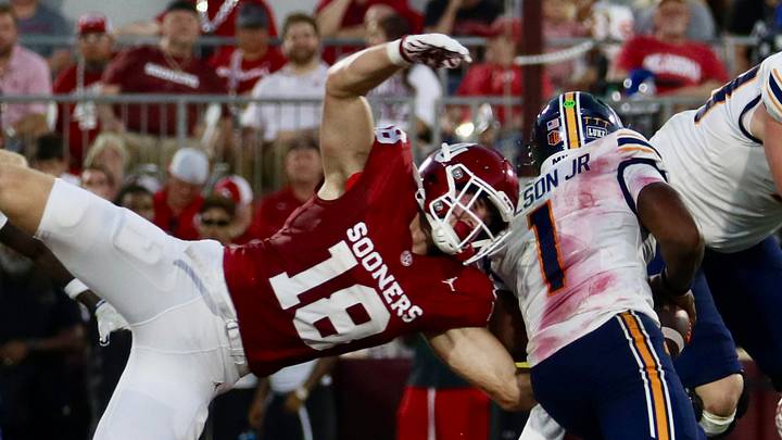 Oklahoma linebacker Cole Sullivan tries to make a tackle against UTEP. Oklahoma linebacker Cole Sullivan tries to make a tackle against UTEP.