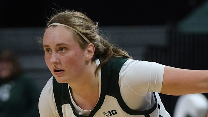 MSU's Kennedy Blair (35) starts to move on Antonia Bates (4) from Rutgers in Big Ten action Sunday, Dec. 28, 2025 at the Breslin Center. Michigan State won their Big Ten home opener 70-64. MSU's Kennedy Blair (35) starts to move on Antonia Bates (4) from Rutgers in Big Ten action Sunday, Dec. 28, 2025 at the Breslin Center. Michigan State won their Big Ten home opener 70-64.