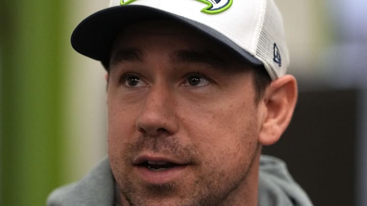 Feb 5, 2026; San Jose, CA, USA; Seattle Seahawks offensive coordinator Klint Kubiak talks to media members at the San Jose Marriott. Mandatory Credit: Darren Yamashita-Imagn Images