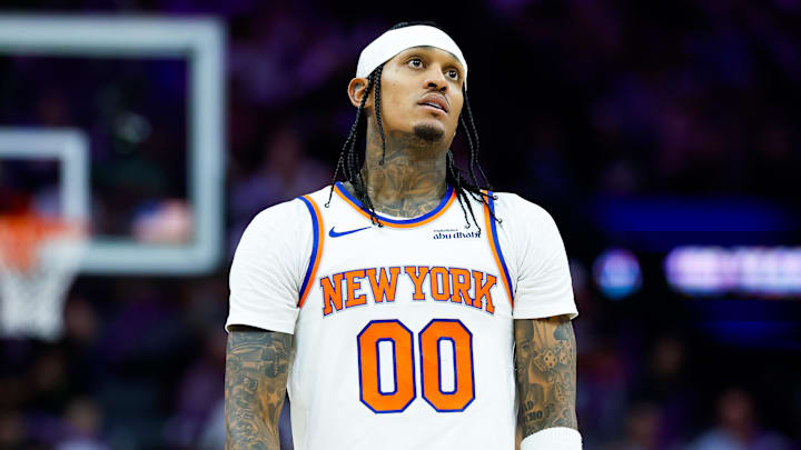 Jan 14, 2026; Sacramento, California, USA; New York Knicks guard Jordan Clarkson (00) looks on during the third quarter against the Sacramento Kings at Golden 1 Center. Mandatory Credit: Sergio Estrada-Imagn Images