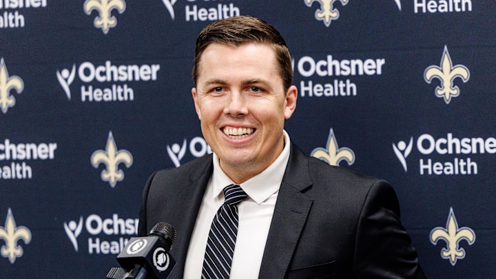 Feb 13, 2025; New Orleans, LA, USA;  New Orleans Saints introduce Kellen Moore as the head coach and he addresses the media at Ochsner Sports Performance Center. Mandatory Credit: Stephen Lew-Imagn Images