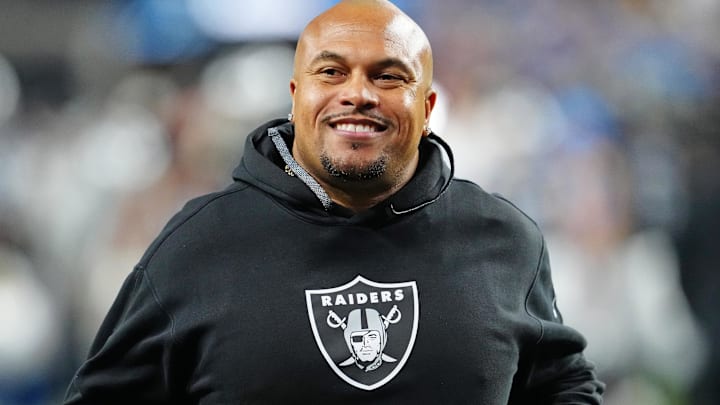 Jan 5, 2025; Paradise, Nevada, USA; Las Vegas Raiders head coach Antonio Pierce jogs off the field after the Raiders were defeated by the Los Angeles Chargers 34-20 at Allegiant Stadium. Mandatory Credit: Stephen R. Sylvanie-Imagn Images