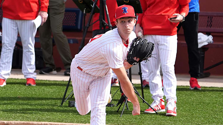 Feb 14, 2024; Clearwater, FL, USA; Philadelphia Phillies Pitcher Mick Abel throws a pitch during the