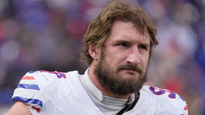 Buffalo Bills defensive end Joey Bosa watches the offensive line on the field during second half action against the Tampa Bay Buccaneers on Nov 16, 2025 at Highmark Stadium in Orchard Park. Buffalo Bills defensive end Joey Bosa watches the offensive line on the field during second half action against the Tampa Bay Buccaneers on Nov 16, 2025 at Highmark Stadium in Orchard Park.