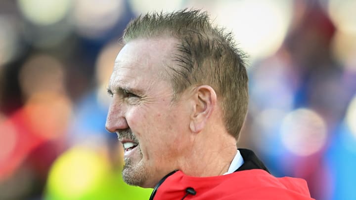 Nov 2, 2025; Orchard Park, New York, USA; Kansas City Chiefs defensive coordinator Steve Spagnuolo on the field before a game against the Buffalo Bills at Highmark Stadium. Mandatory Credit: Mark Konezny-Imagn Images