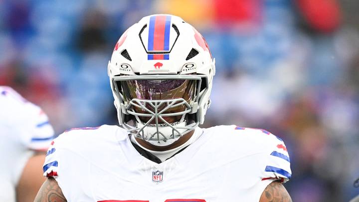 Nov 16, 2025; Orchard Park, New York, USA;  Buffalo Bills offensive tackle Dion Dawkins (73) warms up prior to the game against the Tampa Bay Buccaneers at Highmark Stadium. Mandatory Credit: Mark Konezny-Imagn Images