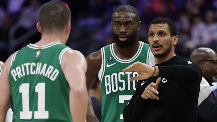 Jan 19, 2026; Detroit, Michigan, USA;  Boston Celtics head coach Joe Mazzulla instructs guard Payton Pritchard (11), guard Anfernee Simons (4) and guard/forward Jaylen Brown (7) in the first half against the Detroit Pistons at Little Caesars Arena. Mandatory Credit: Rick Osentoski-Imagn Images