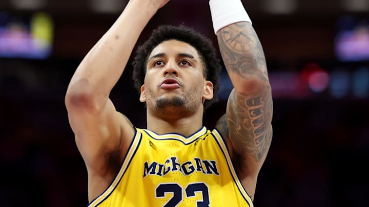 Feb 8, 2026; Columbus, Ohio, USA;  Michigan Wolverines forward Yaxel Lendeborg (23) shoots a free throw during the first half against the Ohio State Buckeyes at Value City Arena. Mandatory Credit: Joseph Maiorana-Imagn Images