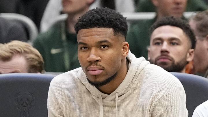 Milwaukee Bucks forward Giannis Antetokounmpo (34),  forward Thanasis Antetokounmpo (43) and forward Alex Antetokounmpo (29) sit on the bench during the first quarter against the Brooklyn Nets at Fiserv Forum on Apr 10, 2026.