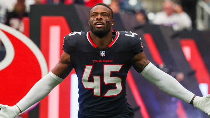 Nov 9, 2025; Houston, Texas, USA; Houston Texans linebacker E.J. Speed (45) is introduced  before playing against the Jacksonville Jaguars at NRG Stadium. Mandatory Credit: Thomas Shea-Imagn Images