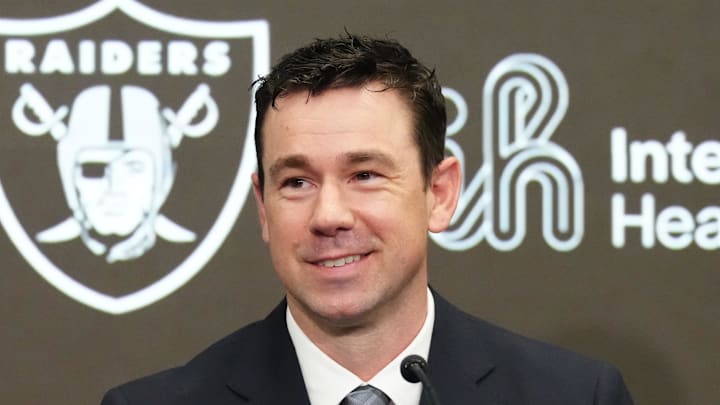 Feb 10, 2026; Henderson, NV, USA; Las Vegas Raiders coach Klint Kubiak speaks at introductory press conference at Intermountain Health Performance Center. Mandatory Credit: Kirby Lee-Imagn Images