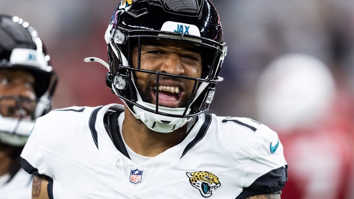 Nov 23, 2025; Glendale, Arizona, USA; Jacksonville Jaguars wide receiver Tim Patrick (17) against the Arizona Cardinals at State Farm Stadium.