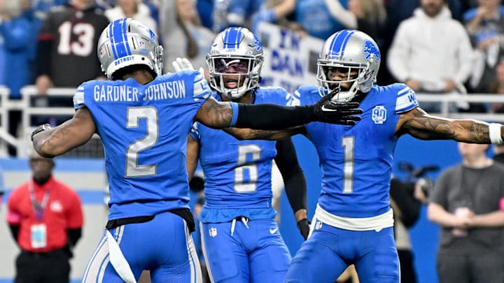 Former Detroit Lions safety C.J. Gardner-Johnson (2) and former safety Ifeatu Melifonwu (6) celebrate Former Detroit Lions safety C.J. Gardner-Johnson (2) and former safety Ifeatu Melifonwu (6) celebrate