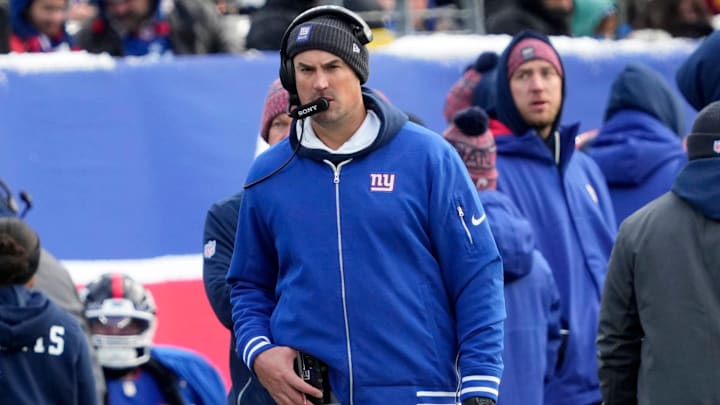 New York Giants Interim Head Coach Mike Kafka is shown on the sideline during the first half against the Washington Commanders, Sunday, December 14, 2025. New York Giants Interim Head Coach Mike Kafka is shown on the sideline during the first half against the Washington Commanders, Sunday, December 14, 2025.