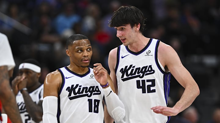 Mar 14, 2026; Inglewood, California, USA; Sacramento Kings center Maxime Raynaud (42) talks to guard Russell Westbrook (18) against the LA Clippers during the first quarter at Intuit Dome. Mar 14, 2026; Inglewood, California, USA; Sacramento Kings center Maxime Raynaud (42) talks to guard Russell Westbrook (18) against the LA Clippers during the first quarter at Intuit Dome.