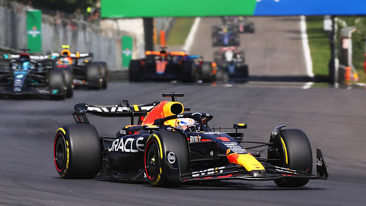 Max Verstappen of the Netherlands driving the (1) Oracle Red Bull Racing RB19 leads Charles Leclerc of Monaco driving the (16) Ferrari SF-23 during the F1 Grand Prix of Italy at Autodromo Nazionale Monza on September 03, 2023 in Monza, Italy. 