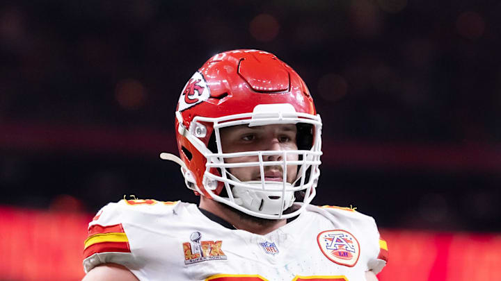 Feb 9, 2025; New Orleans, LA, USA;  Kansas City Chiefs guard Mike Caliendo (66) against the Philadelphia Eagles in Super Bowl LIX at Ceasars Superdome. Mandatory Credit: Mark J. Rebilas-Imagn Images