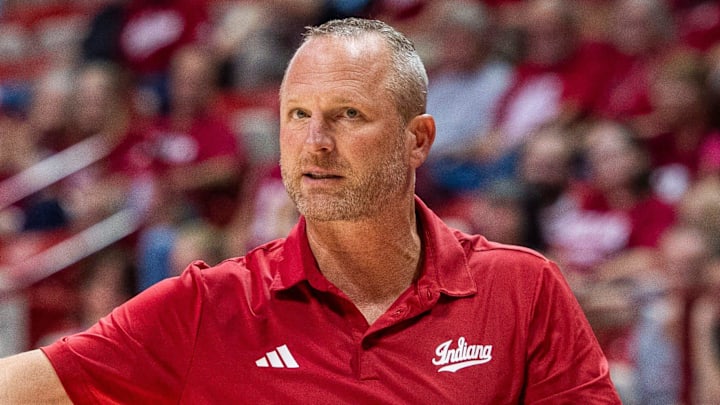 Indiana basketball coach Darian DeVries during the Cream and Crimson scrimmage at Simon Skjodt Assembly Hall.
