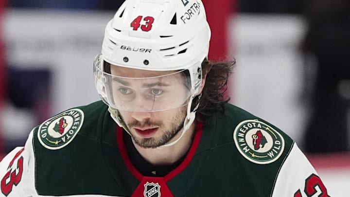 May 3, 2026; Denver, Colorado, USA; Minnesota Wild defenseman Quinn Hughes (43) warms up before game one against the Colorado Avalanche of the second round of the 2026 Stanley Cup Playoffs at Ball Arena. Mandatory Credit: Ron Chenoy-Imagn Images